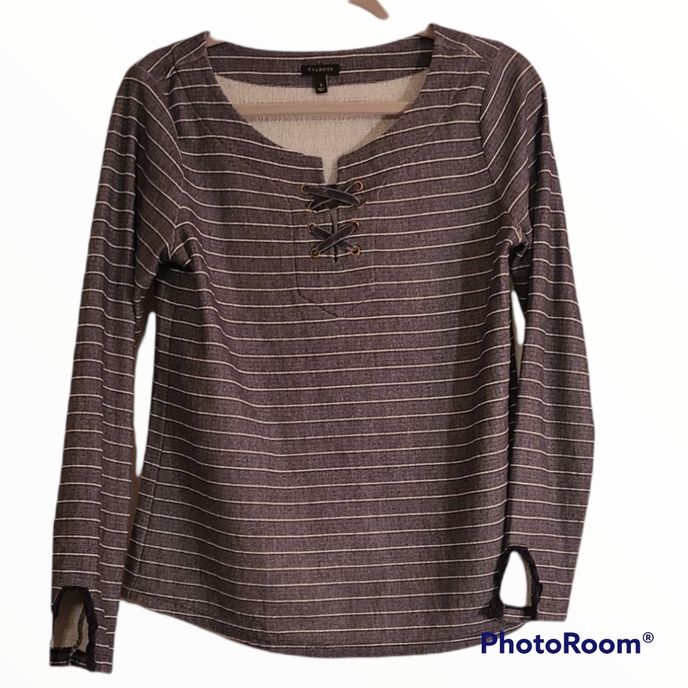 TALBOTS Long Sleeve Woman's Top, black/gray/white striped, size S